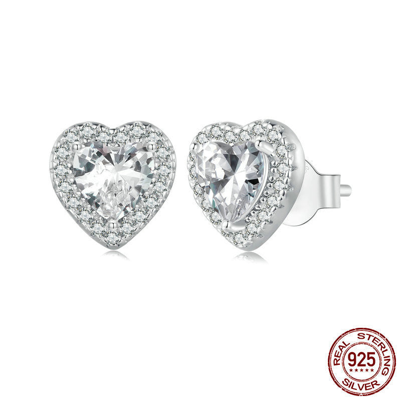 925 Sterling Silver Loving Heart Stud Earrings Female Shining Zircon-Jewearrings