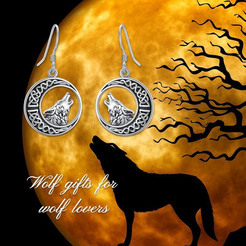 Wolf Celtic Moon Dangle Drop Earrings in Sterling Silver-Jewearrings