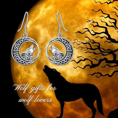 Wolf Celtic Moon Dangle Drop Earrings in Sterling Silver-Jewearrings