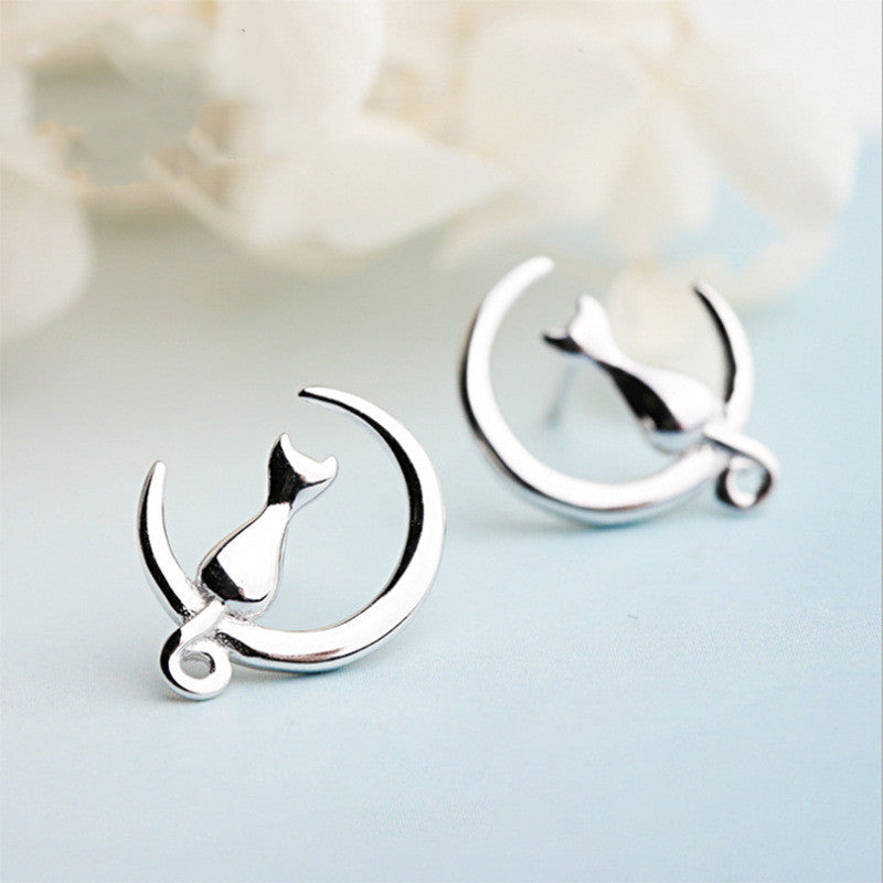 Moon Cat Sterling Silver Earrings Female-Jewearrings