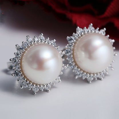 Silver-Set Zircon Strong Light Freshwater Pearl Stud Earrings-Jewearrings