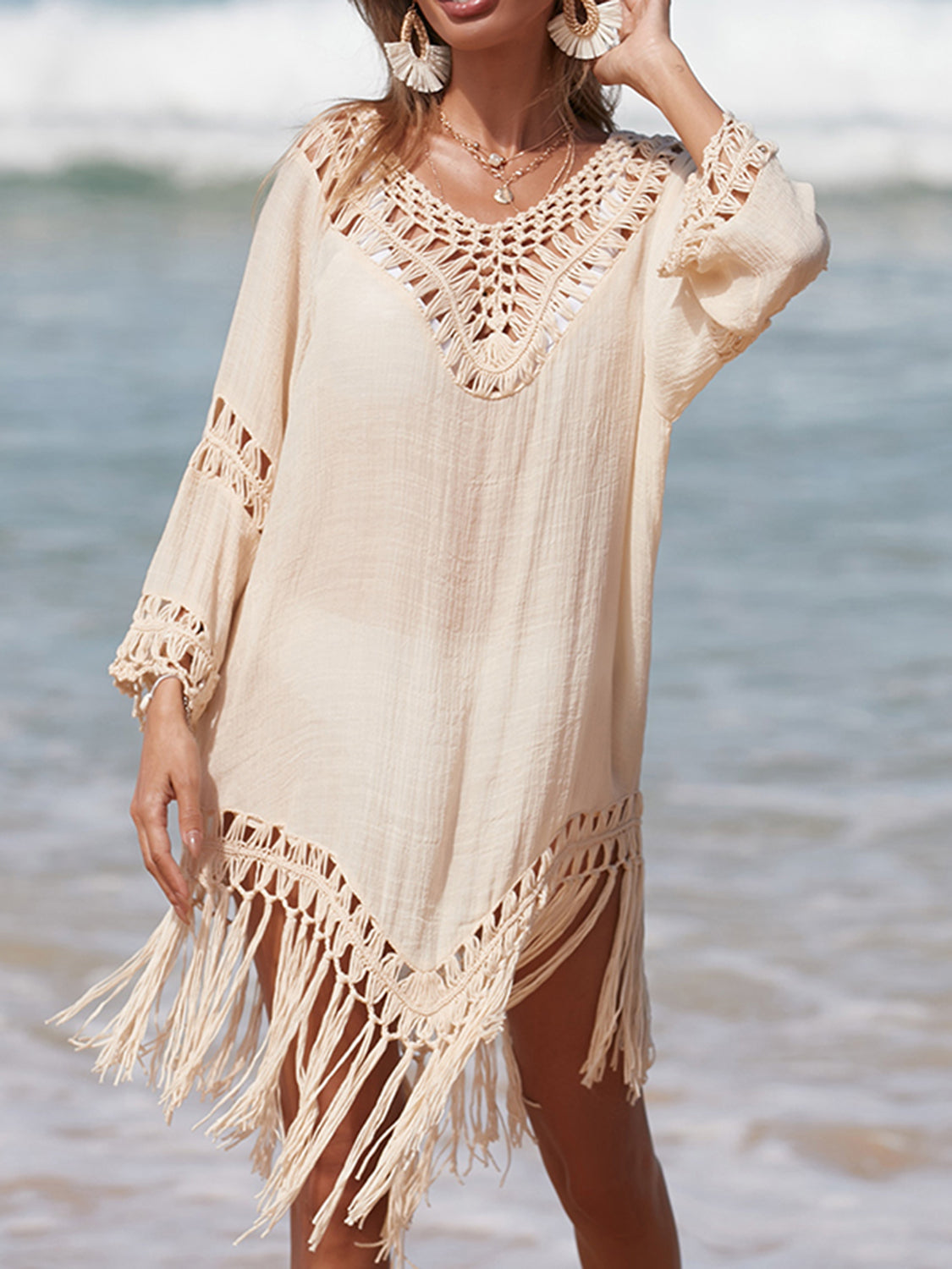 Cutout Fringe Scoop Neck Cover-Up-Jewearrings