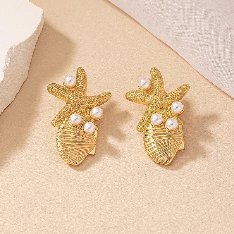 Beach Style Starfish Shell Earrings Female Vintage Pearl Ear Studs-Jewearrings