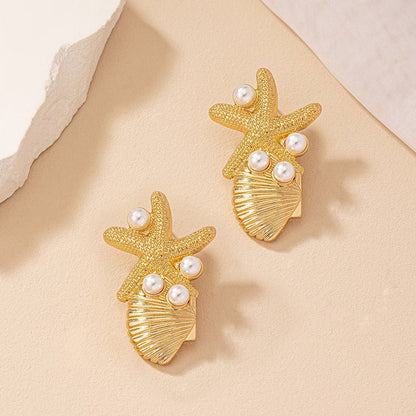 Beach Style Starfish Shell Earrings Female Vintage Pearl Ear Studs-Jewearrings