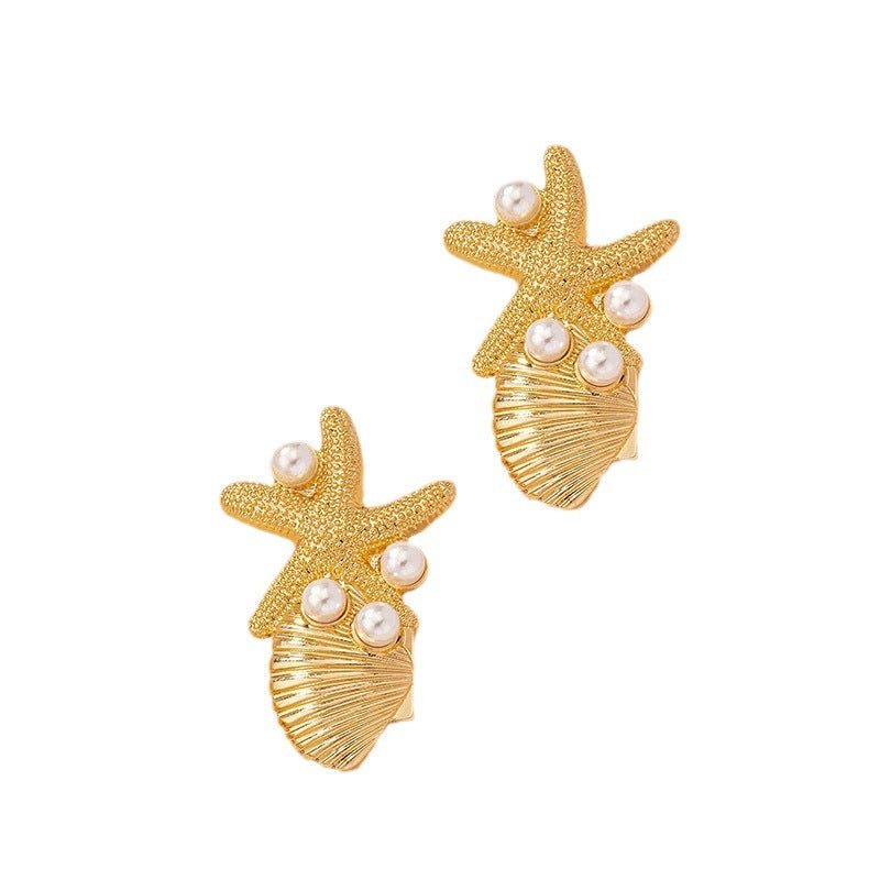 Beach Style Starfish Shell Earrings Female Vintage Pearl Ear Studs-Jewearrings