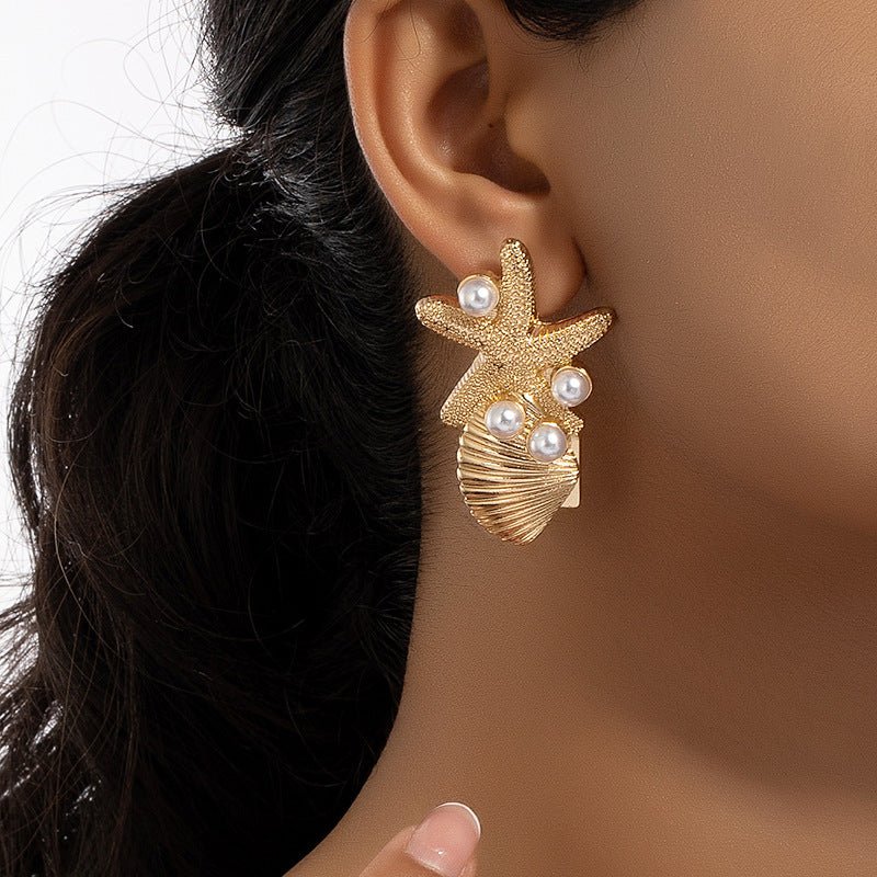 Beach Style Starfish Shell Earrings Female Vintage Pearl Ear Studs-Jewearrings