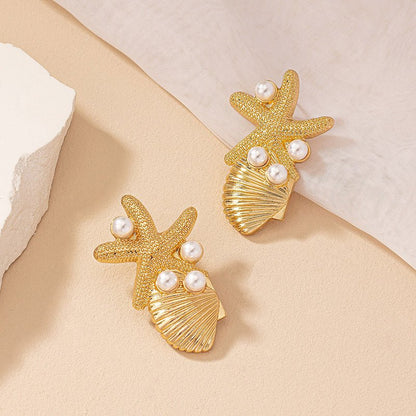 Beach Style Starfish Shell Earrings Female Vintage Pearl Ear Studs-Jewearrings