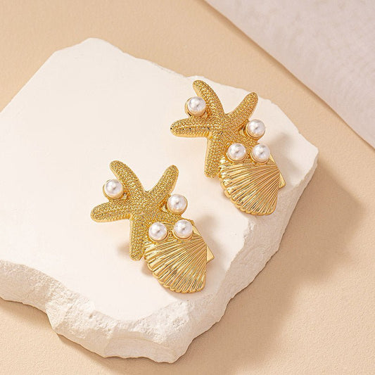 Beach Style Starfish Shell Earrings Female Vintage Pearl Ear Studs-Jewearrings