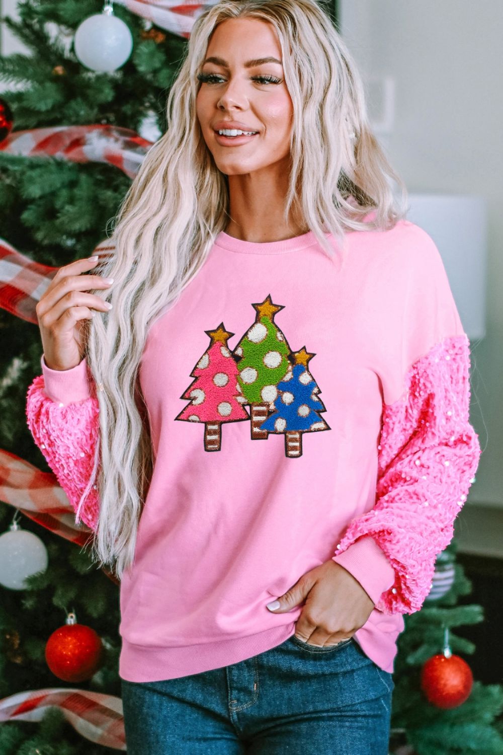 Tree Graphic Sqequin Long Sleeve Sweatshirt-Jewearrings