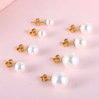 Stainless Steel Round Pearl Stud Earrings-Jewearrings