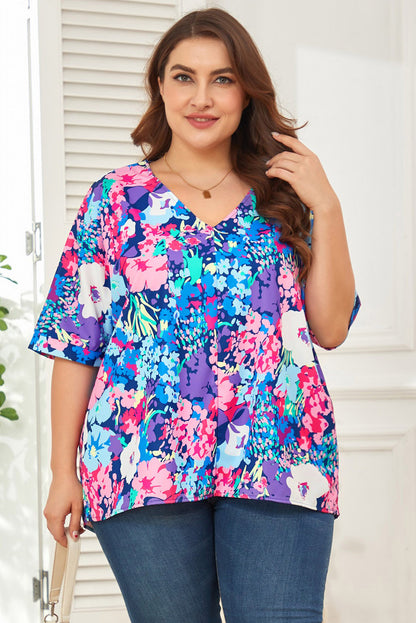 Floral Center Seam V-Neck Blouse-Jewearrings