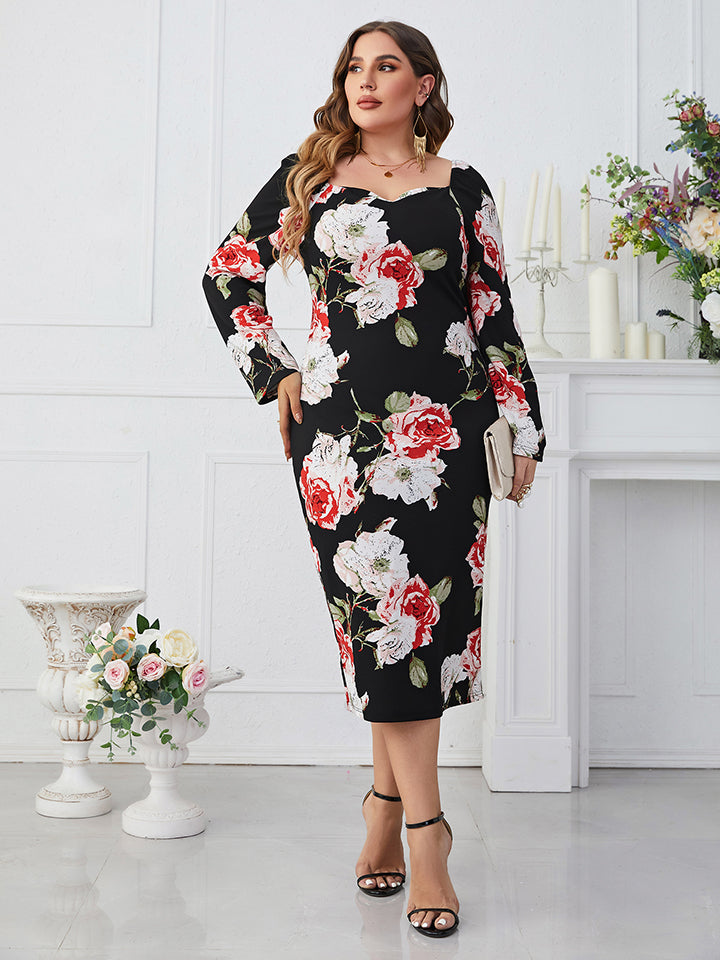 Plus Size Printed Square Neck Long Sleeve Dress-Jewearrings