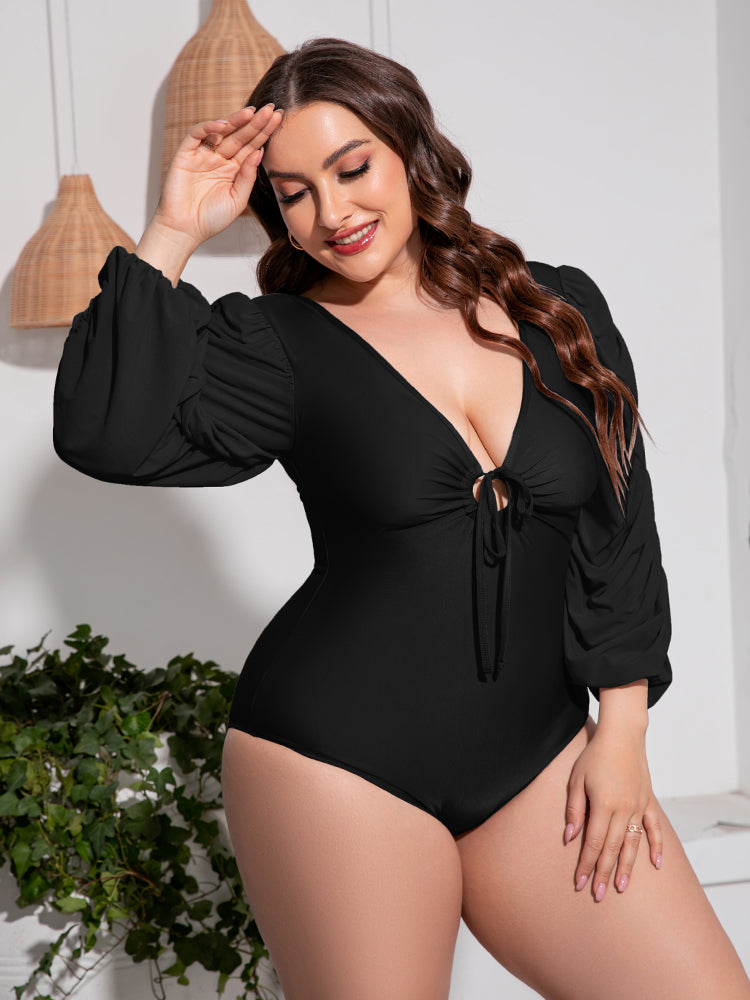 Plus Size Tied Deep V Balloon Sleeve One-Piece Swimsuit-Jewearrings