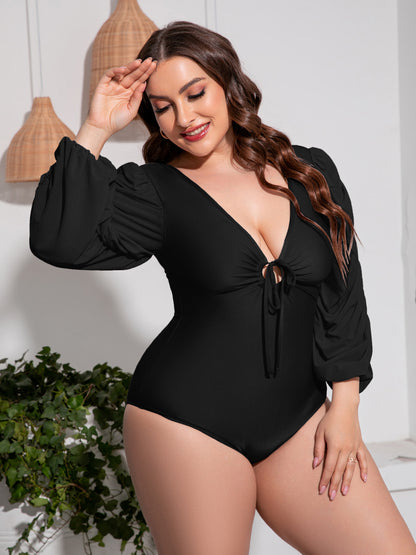 Plus Size Tied Deep V Balloon Sleeve One-Piece Swimsuit-Jewearrings