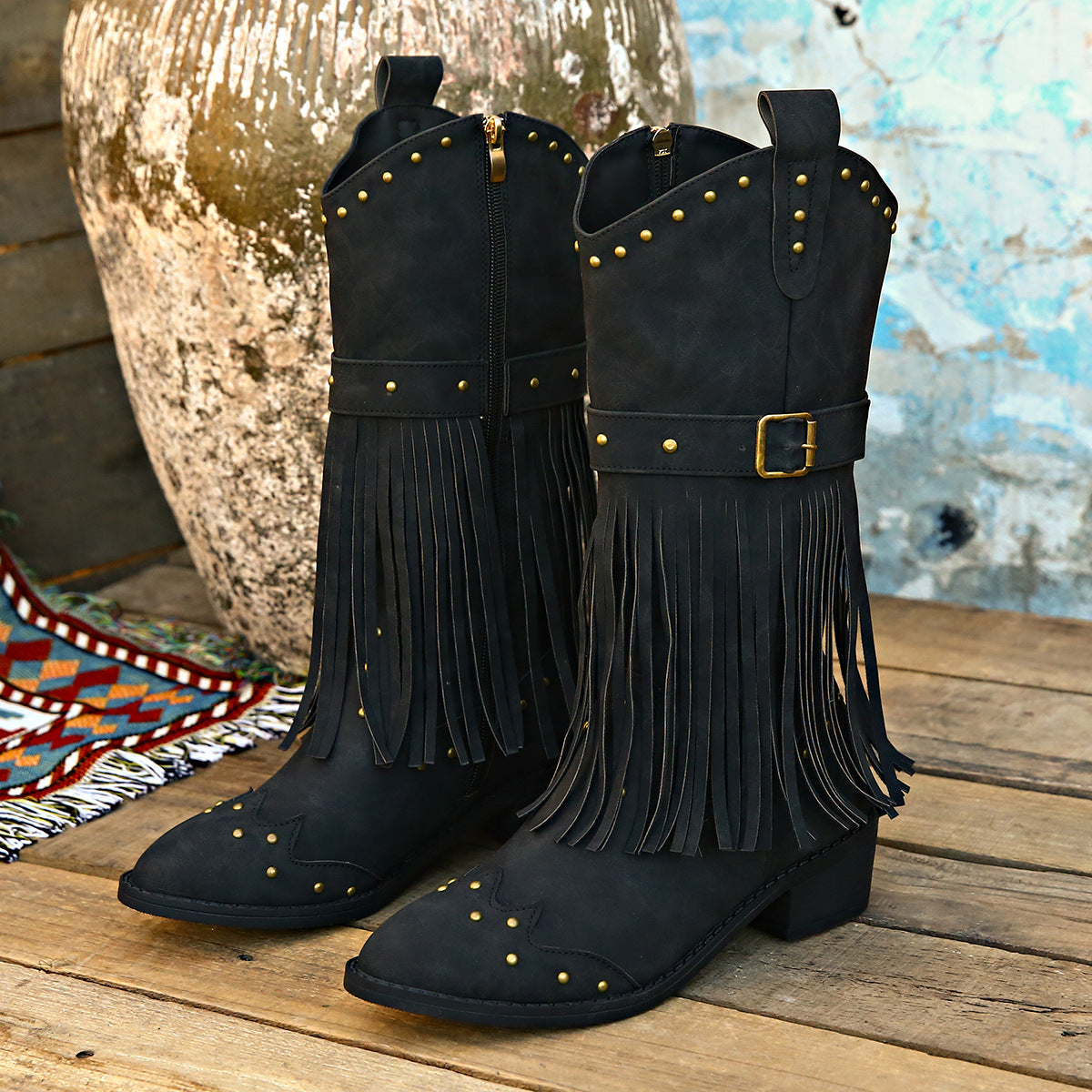 Studded Fringe Block Heel Boots-Jewearrings