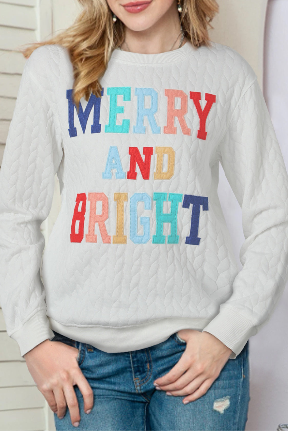 MERRY AND BRIGHT Cable Knit Pullover Sweatshirt-Jewearrings