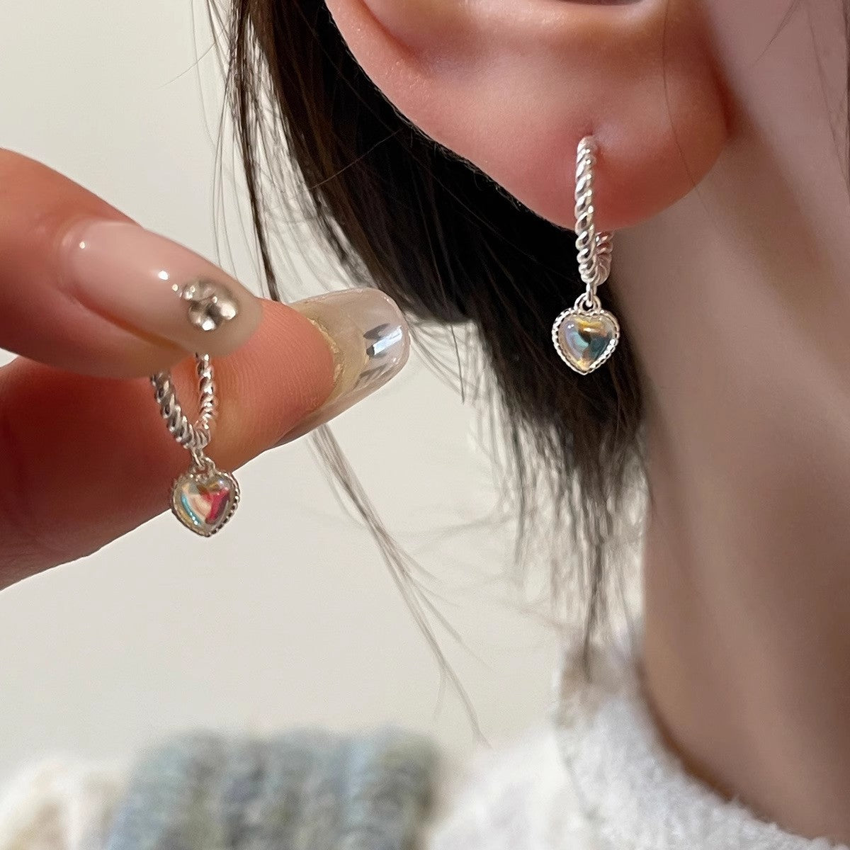 Sterling Silver Needle Exquisite And Small Moonstone Love Twist Earrings-Jewearrings