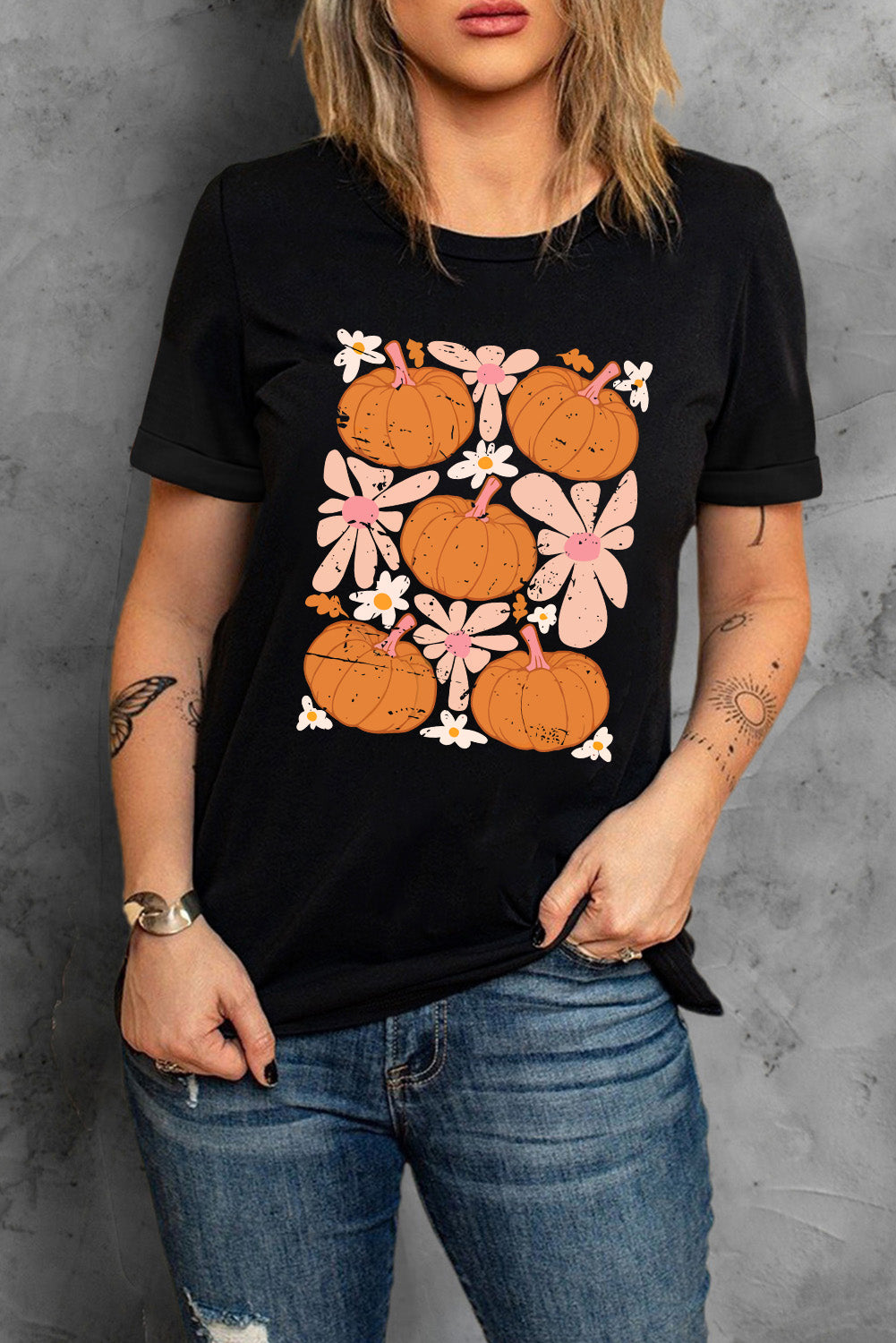 Round Neck Short Sleeve Pumpkin Graphic T-Shirt-Jewearrings