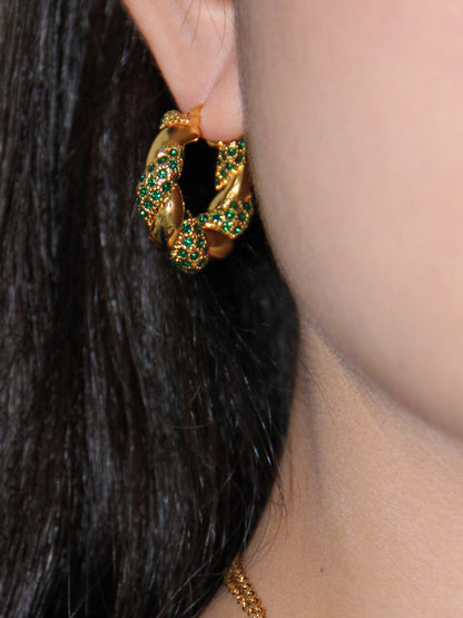 Twisted Twist Inlaid With Rhinestones And Gold-plated Green Circle Earrings-Jewearrings