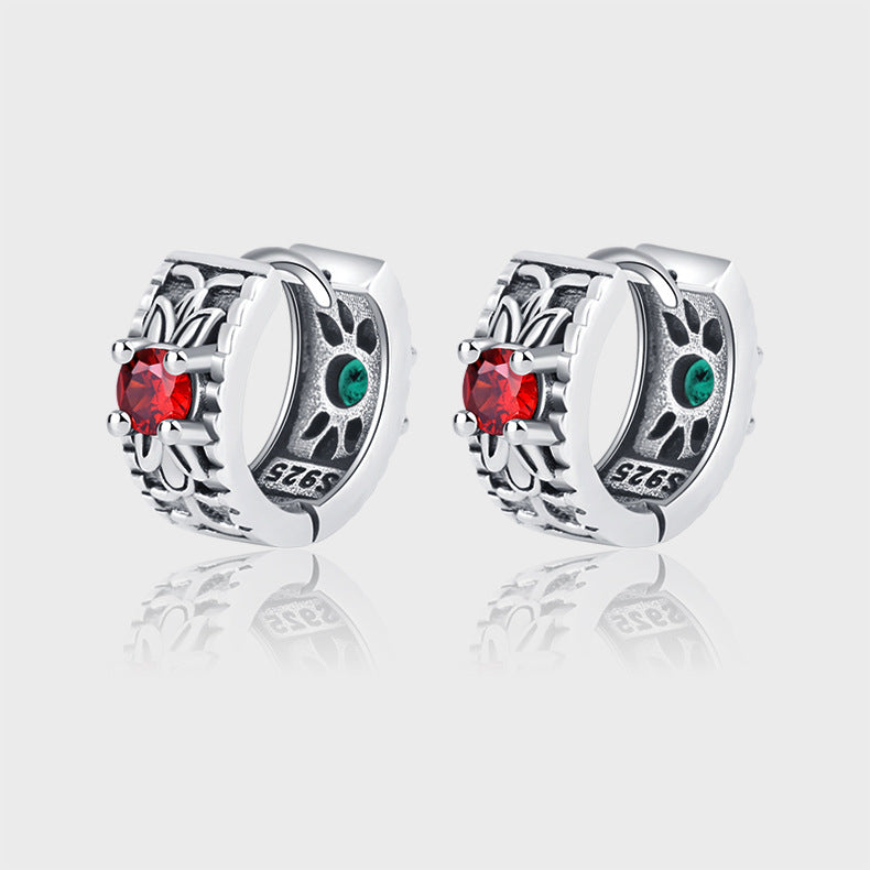 925 Sterling Silver Floral Pattern Red Green Zircon Front And Back Wear Vintage Earrings-Jewearrings