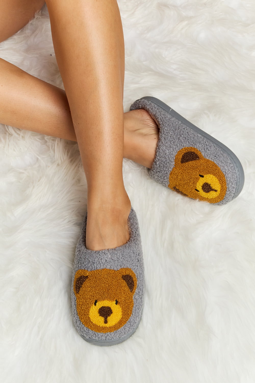 Melody Teddy Bear Print Plush Slide Slippers-Jewearrings