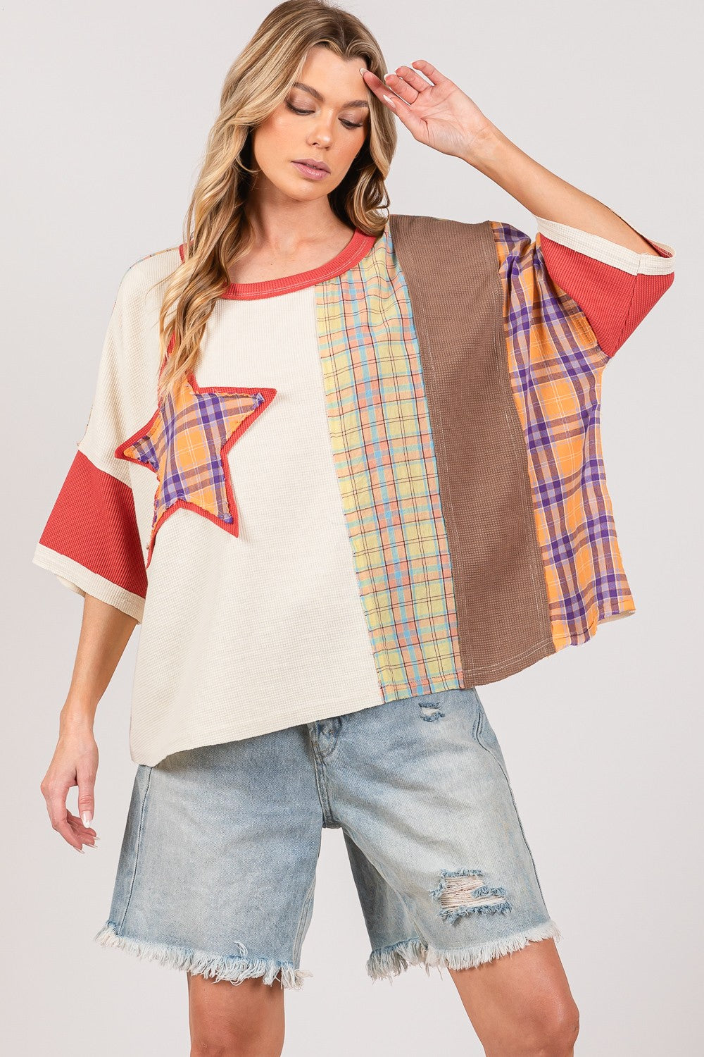 SAGE + FIG Round Neck Plaid Star Patch T-Shirt-Jewearrings