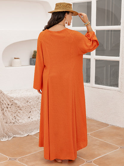 Plus Size Tie Neck Long Sleeve Slit Dress-Jewearrings