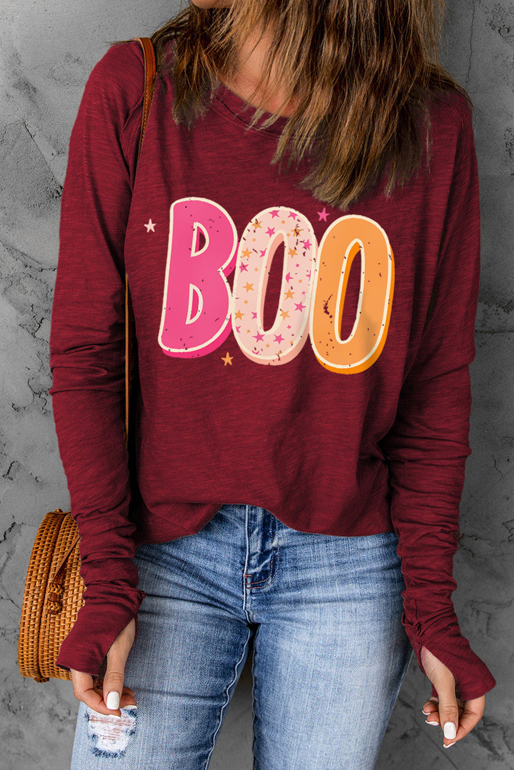 BOO Graphic Thumbhole Sleeve T-Shirt-Jewearrings