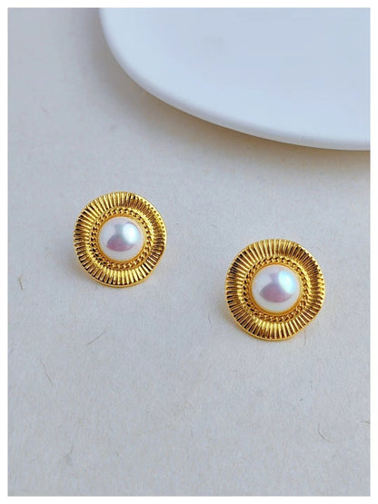 Retro Semicircle Pearl Stud Silver Needle Exaggerated Earrings-Jewearrings