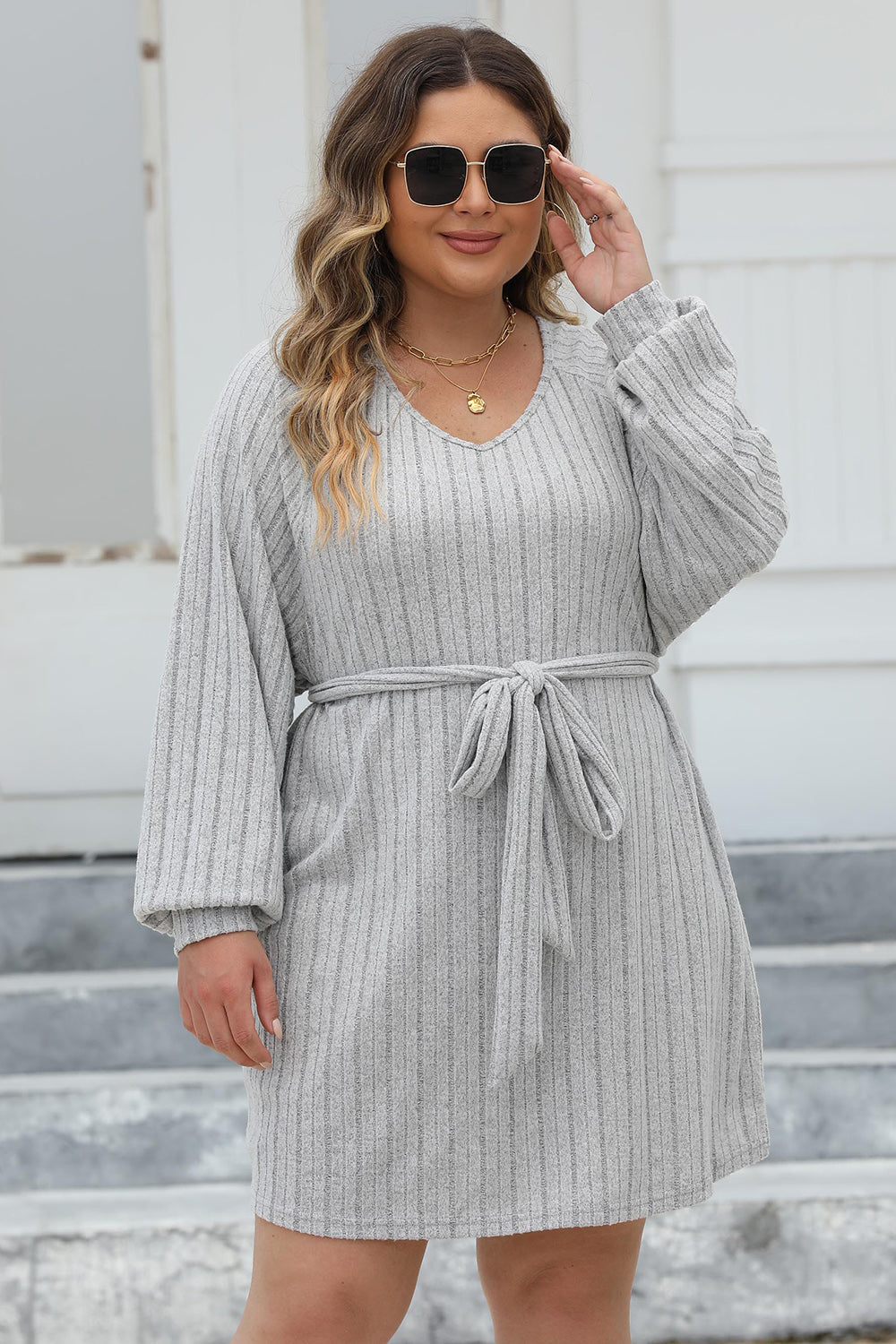 Plus Size Ribbed Tie Front Long Sleeve Sweater Dress-Jewearrings