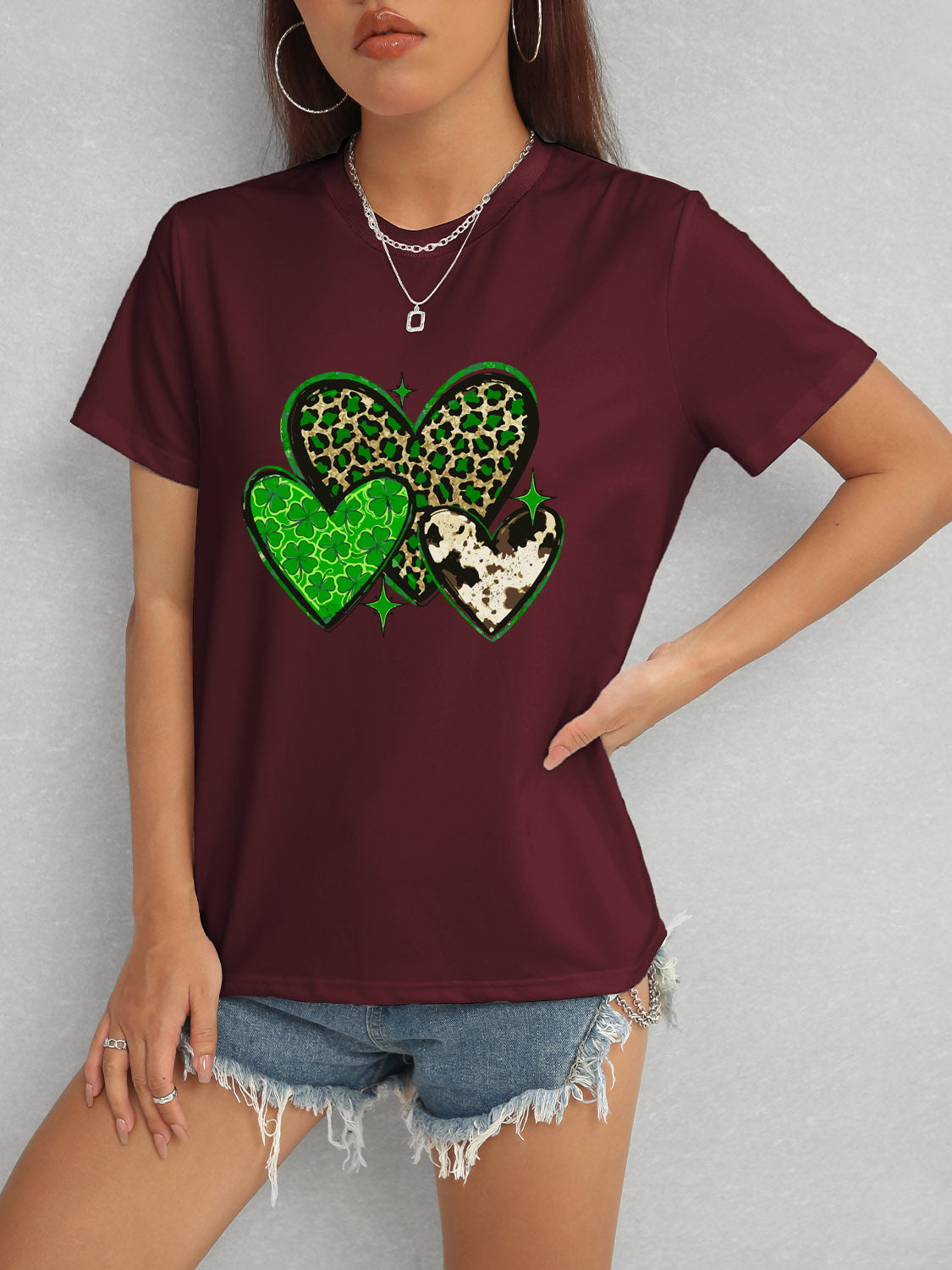 Heart Round Neck Short Sleeve T-Shirt-Jewearrings