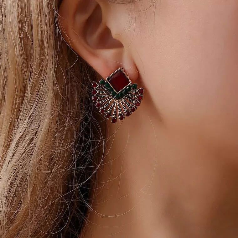 Retro Bohemian Ethnic Ruby Stud Earrings Explosive Fan Shape-Jewearrings