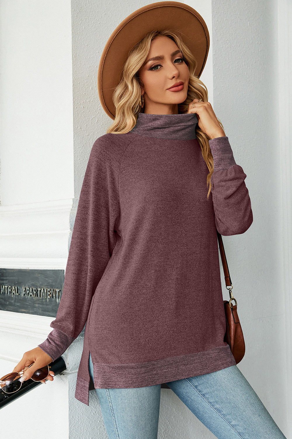 Slit Mock Neck Long Sleeve T-Shirt-Jewearrings