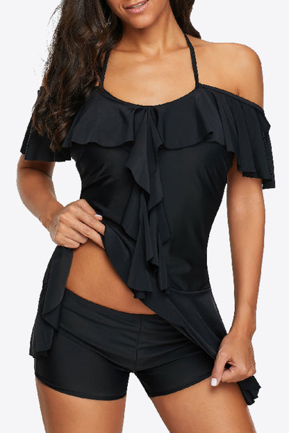 Ruffled Cold-Shoulder Two-Piece Swimsuit-Jewearrings