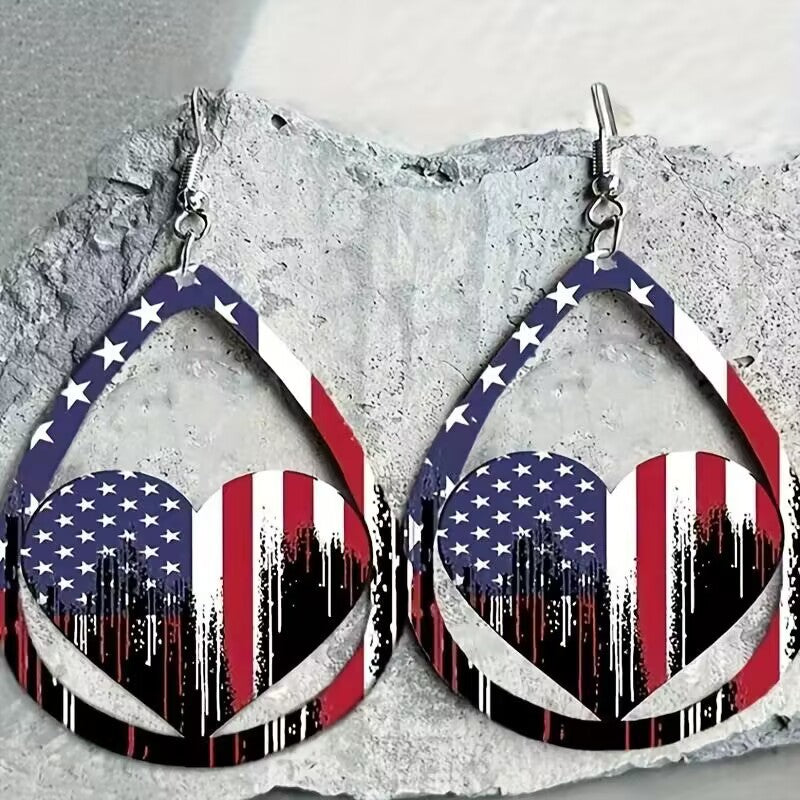 US Flag Pattern Wooden Earrings-Jewearrings