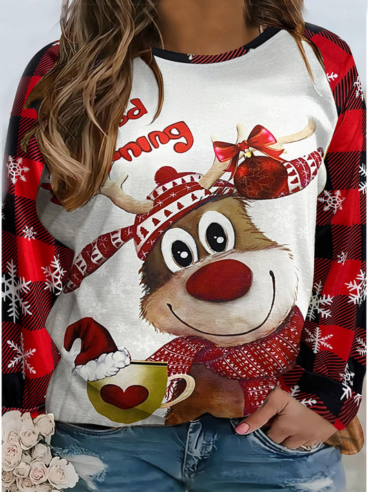 Plus Size Reindeer Graphic Plaid Long Sleeve T-Shirt-Jewearrings