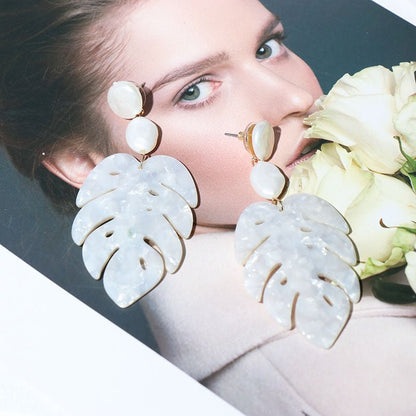 Big Exaggerated Tassel Earrings Leaf-Shaped Pearls-Jewearrings