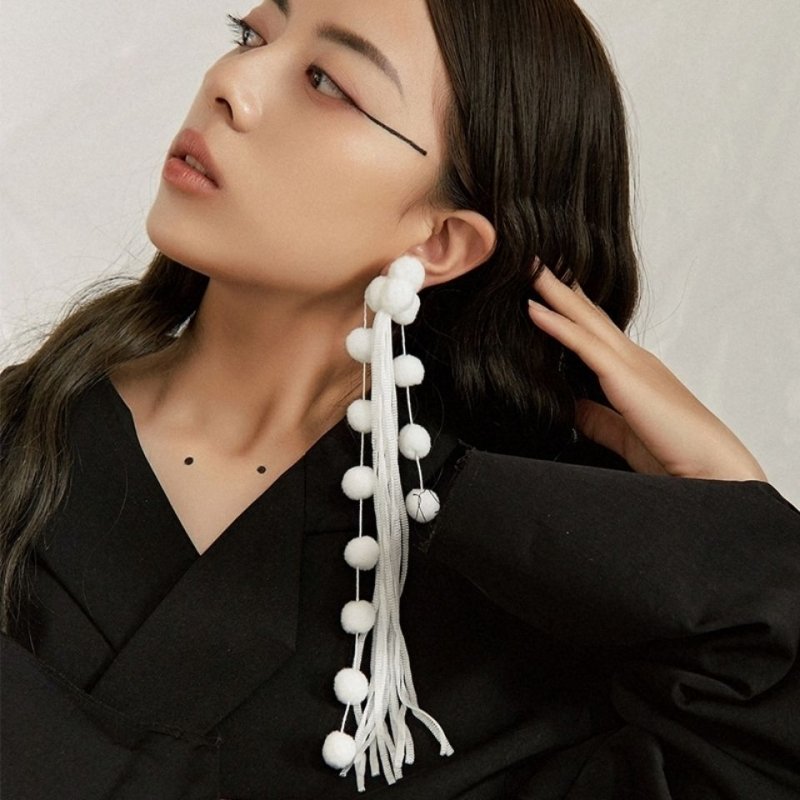 Black And White Hairball Ball Exaggerated Long Tassel Sterling Silver Earrings-Jewearrings