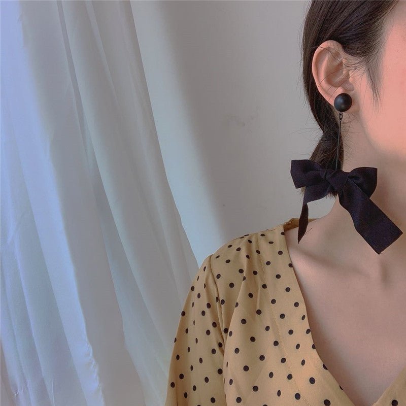 Black Big Bow Earrings Temperament Long Style-Jewearrings