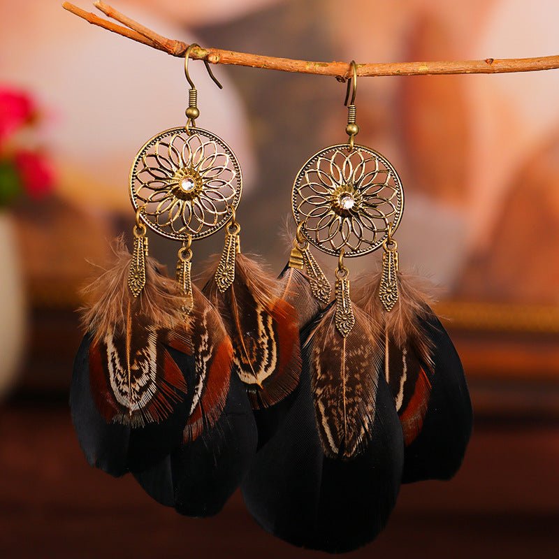 Black Cutout Sunflower And Diamond Long Tassel Earrings-Jewearrings