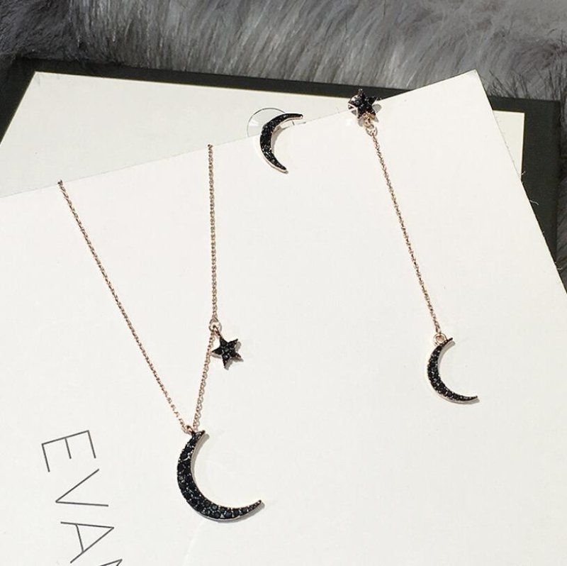 black diamond stars moon necklace clavicle chain silver needle asymmetric earrings tassel long earrings-Jewearrings