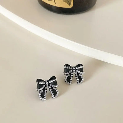 Black Retro Pearl Bow Earrings | Hepburn Style Stud Earrings-Jewearrings