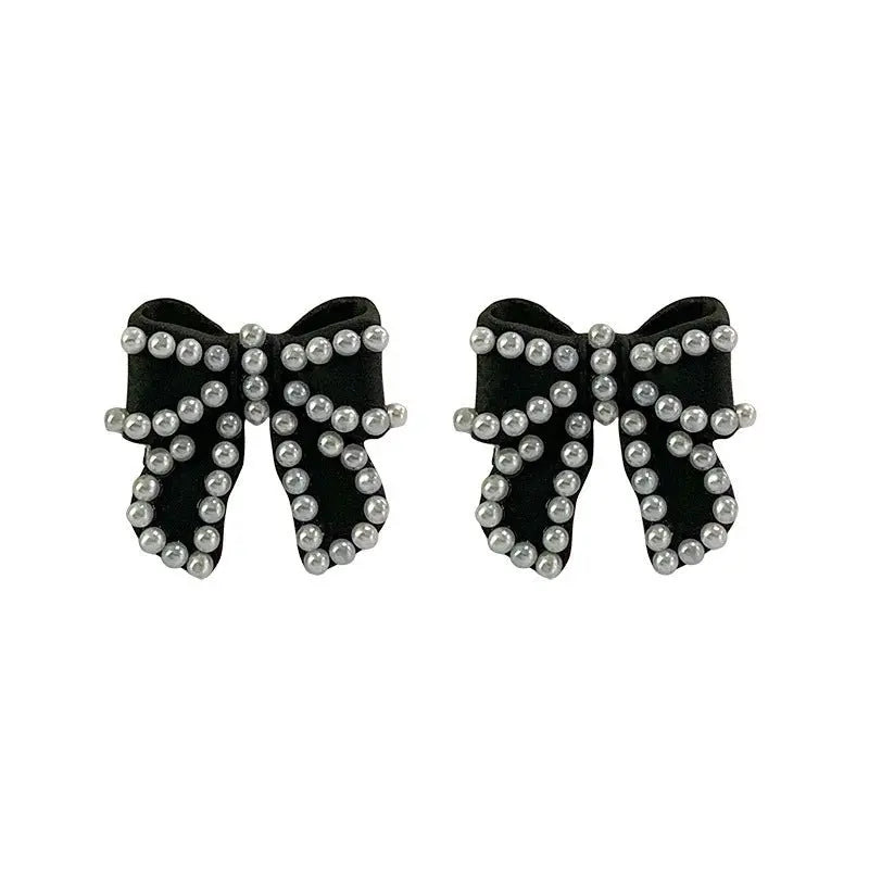 Black Retro Pearl Bow Earrings | Hepburn Style Stud Earrings-Jewearrings