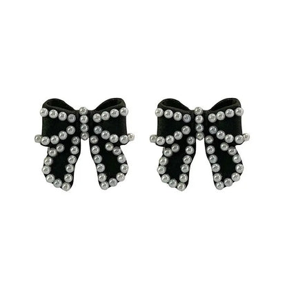 Black Retro Pearl Bow Earrings | Hepburn Style Stud Earrings-Jewearrings