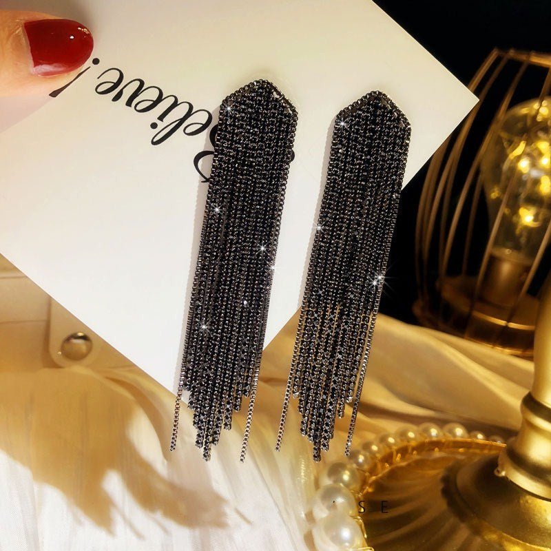 Black Spinel Tassel Long Stud Earrings In Silver-Jewearrings