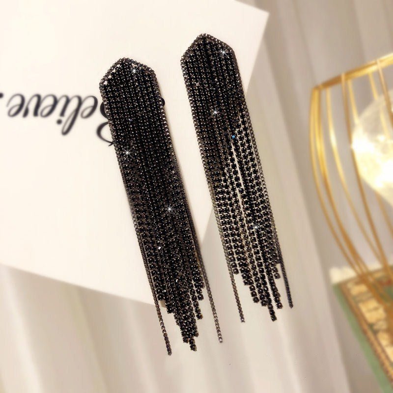 Black Spinel Tassel Long Stud Earrings In Silver-Jewearrings