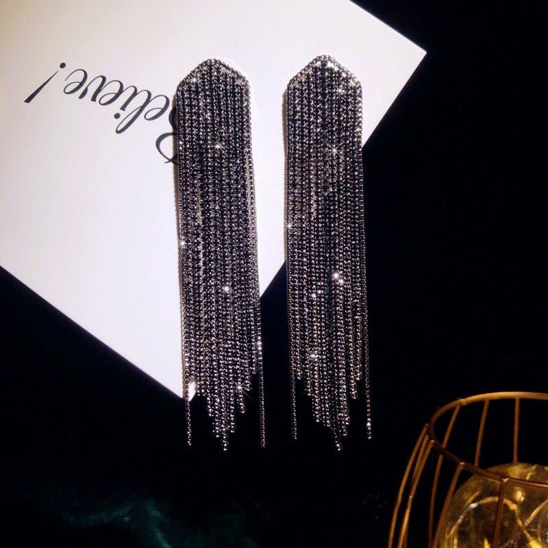 Black Spinel Tassel Long Stud Earrings In Silver-Jewearrings