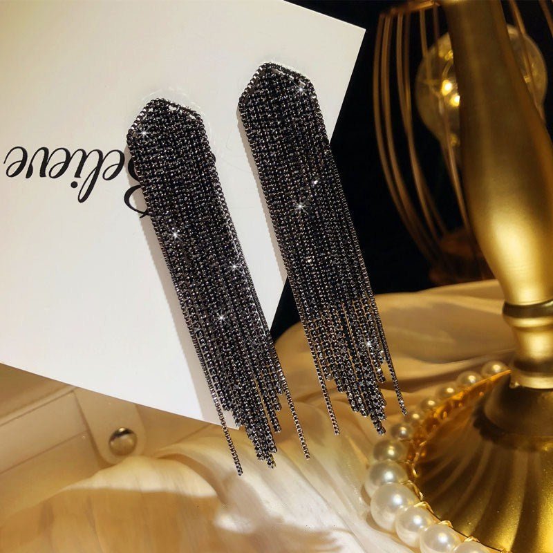 Black Spinel Tassel Long Stud Earrings In Silver-Jewearrings