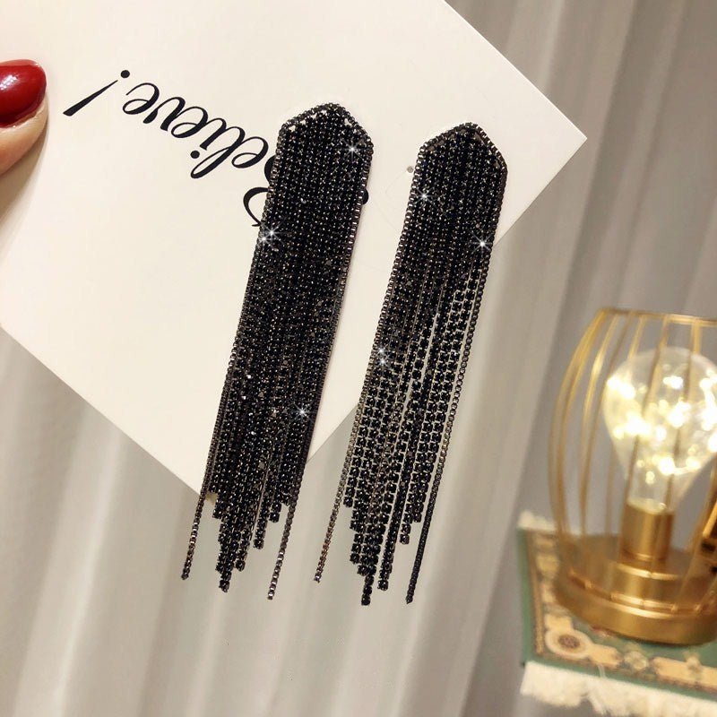 Black Spinel Tassel Long Stud Earrings In Silver-Jewearrings