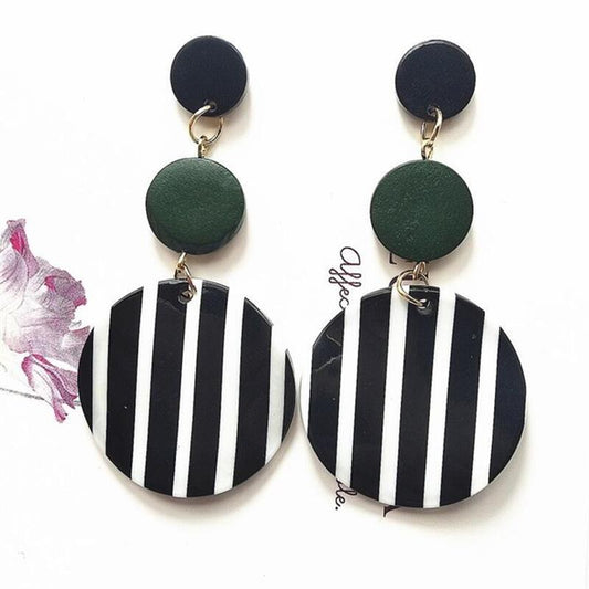 Black White Big Round Earrings For Women Long Dangle-Jewearrings